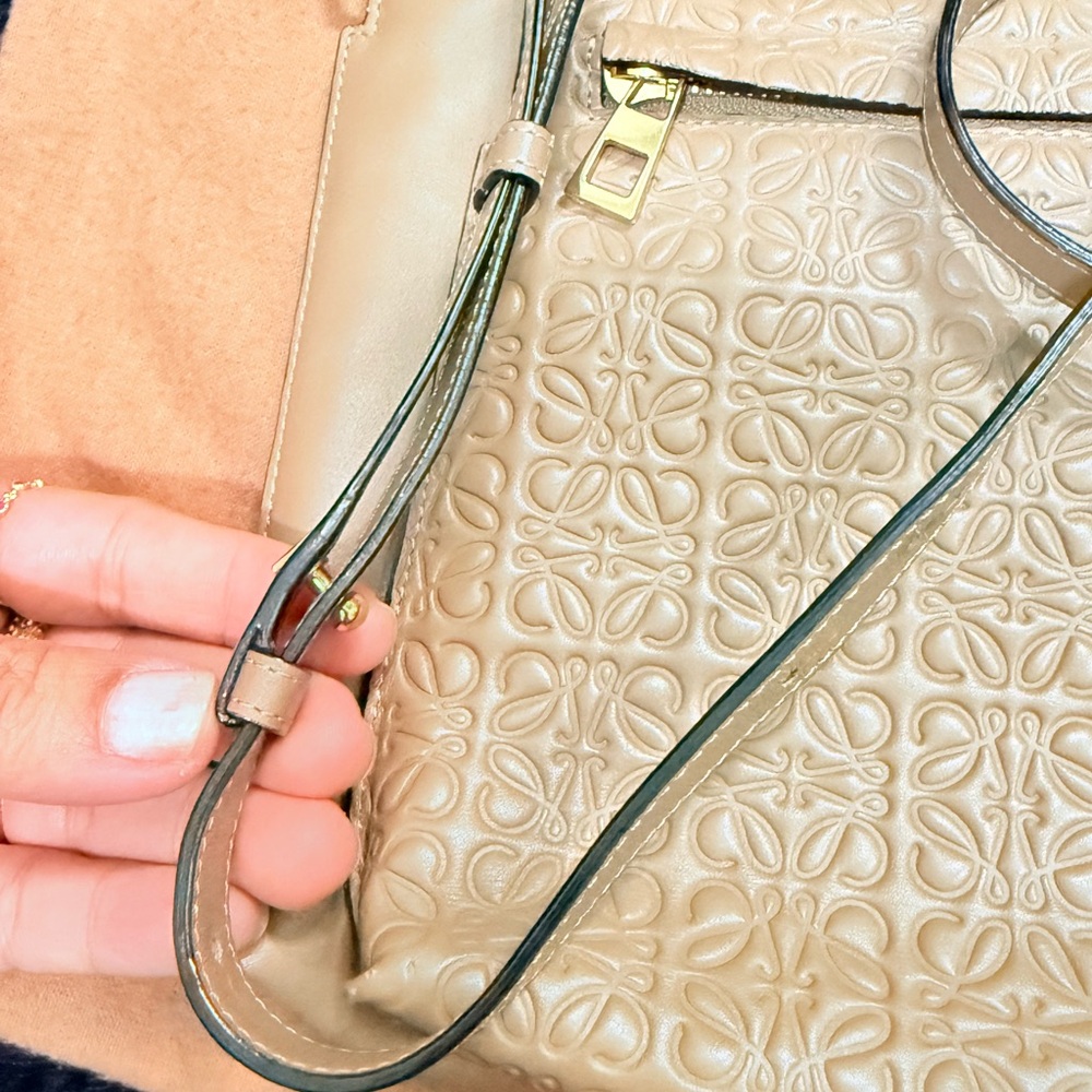 LOEWE very clean, good as new condition!!! Embossed Anagram Taupe crossbody.